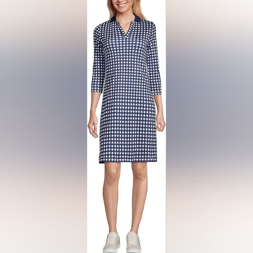 Draper James x Lands End Polo Dress Size Small Blue Gingham 3/4 Sleeves Preppy